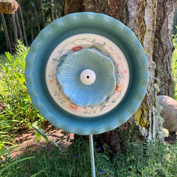 Handmade Glass Blue and White Plate Flower for Your Garden, Yard or Planter